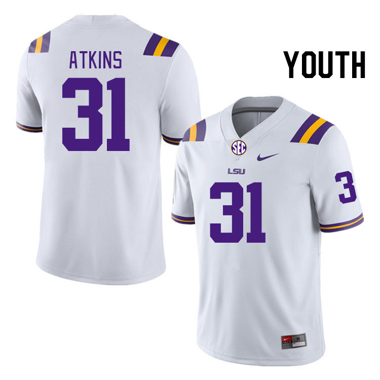 Youth #31 Xavier Atkins LSU Tigers College Football Jerseys Stitched-White